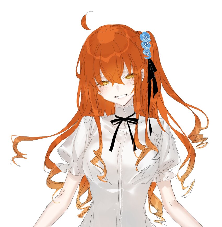 ahoge, alternate_hair_length, alternate_hairstyle, black_ribbon, blue_flower, dress, fate/grand_order, fate_(series)