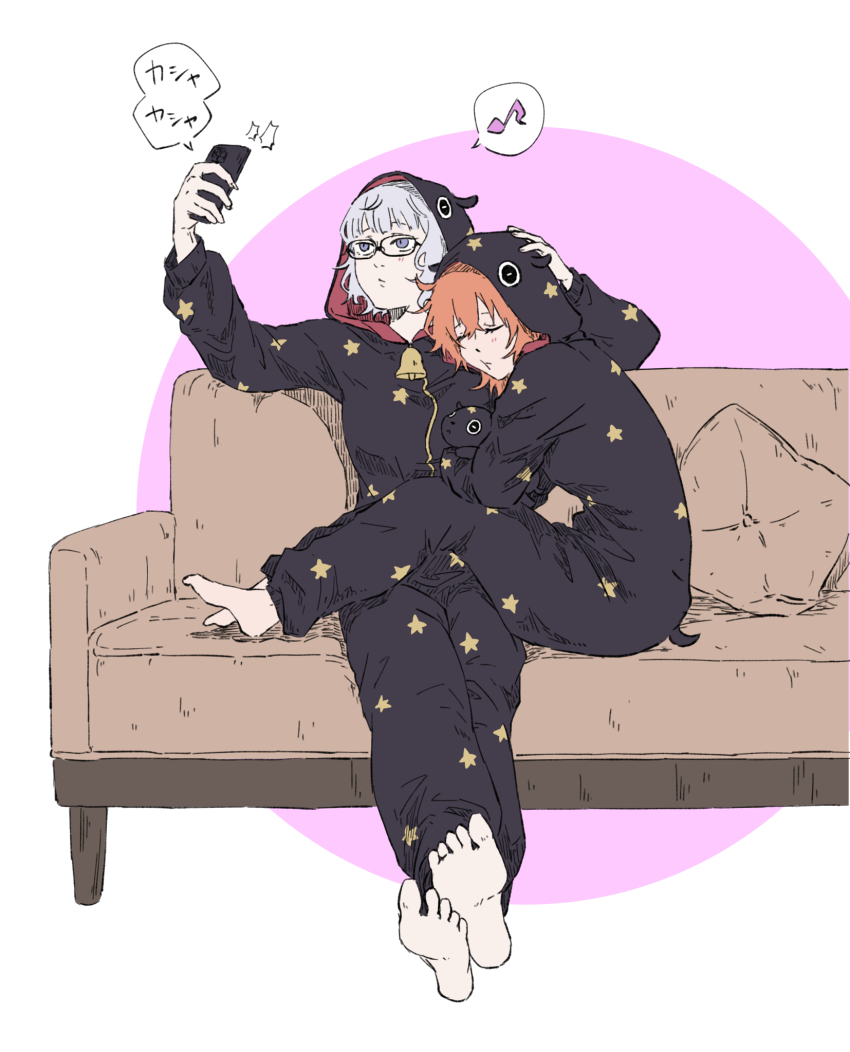 2girls, ahoge, baby_animal, barefoot, bell, black_pajamas, cellphone, closed_eyes, couch, fate/grand_order, fate_(series), fujimaru_ritsuka_(female), glasses, grey_eyes, hand_on_another's_head, highres, holding, holding_phone, hood, hooded_pajamas, jacques_de_molay_(foreigner)_(fate), lamb, multiple_girls, musical_note, omisodesuyo, on_couch, orange_hair, pajamas, phone, selfie, sheep, sleeping, smartphone, spoken_musical_note, taking_picture, white_hair, yuri
