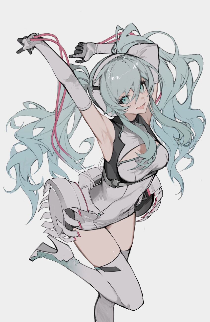 1girl, :d, absurdres, aqua_eyes, aqua_hair, armpits, arms_up, boots