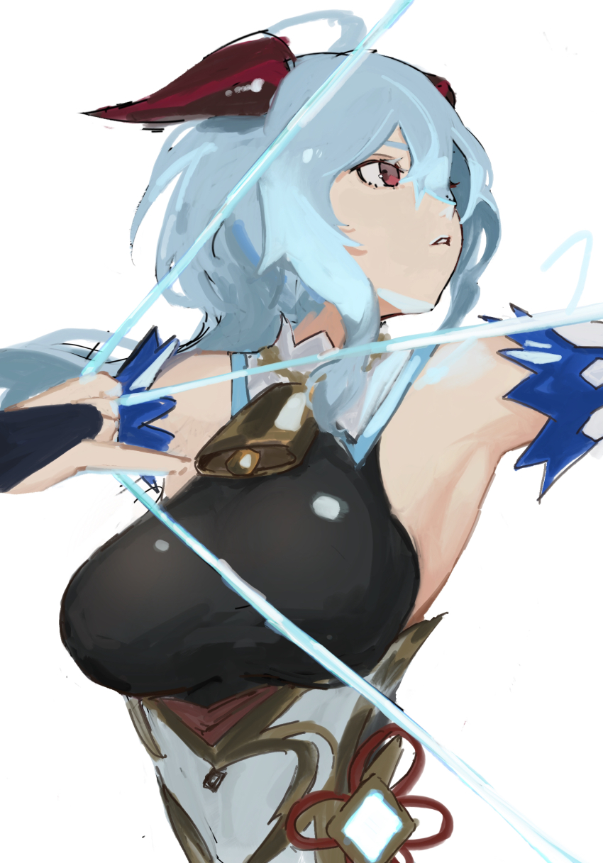 1girl, ahoge, amos'_bow_(genshin_impact), armpits, bell, black_gloves, blue_hair, bodystocking, bow_(weapon), breasts, commentary, cowbell, dated_commentary, drawing_bow, fingerless_gloves, ganyu_(genshin_impact), genshin_impact, gloves, highres, holding, holding_bow_(weapon), holding_weapon, horns, large_breasts, long_hair, neck_bell, potatomochii, red_eyes, sidelocks, simple_background, solo, upper_body, weapon, white_background