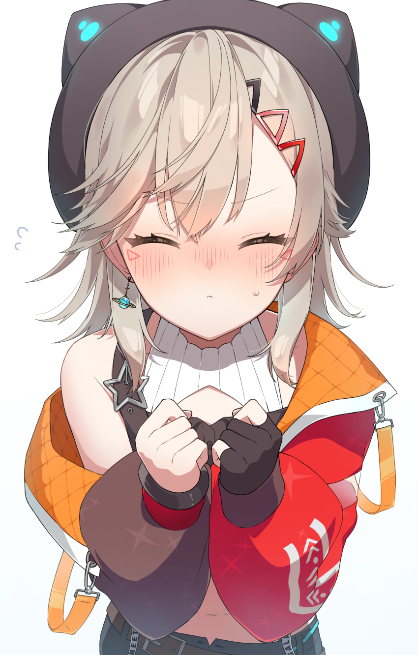 1girl, belt, blush, clenched_hands, closed_eyes, closed_mouth, commentary_request, earrings, grey_hair, hair_between_eyes, hair_ornament, hat, highres, incoming_kiss, jacket, jewelry, komori_met, medium_hair, navel, nea_369, shorts, solo, sweat, virtual_youtuber, vspo!, white_background