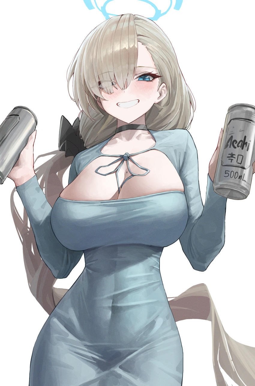 1girl, absurdres, alcohol, alternate_costume, asahi_breweries, asuna_(blue_archive), beer, black_choker