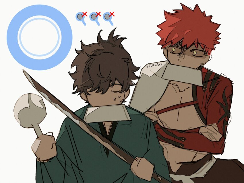 cape, eeju, emiya_shirou, empty_eyes, fate/grand_order, fate/samurai_remnant, fate_(series), gameplay_mechanics