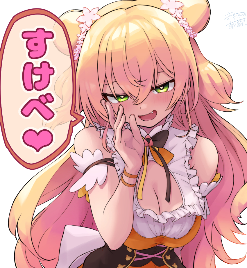 1girl, absurdres, blonde_hair, blush, breasts, cheese_(cheese_koubou), cleavage, double_bun, dress, fang, flower, frills, green_eyes, hair_between_eyes, hair_bun, hair_flower, hair_ornament, heart, heart-shaped_pupils, highres, hololive, large_breasts, long_hair, looking_at_viewer, momosuzu_nene, momosuzu_nene_(1st_costume), multicolored_hair, open_mouth, pink_flower, signature, simple_background, solo, speech_bubble, symbol-shaped_pupils, translation_request, upper_body, virtual_youtuber, white_background