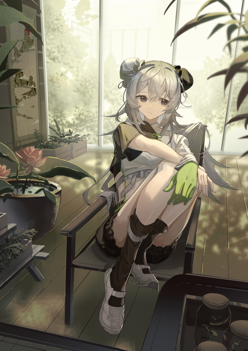 1girl, absurdres, arknights, asymmetrical_sleeves, black_bloomers, black_eyes, black_socks, bloomers