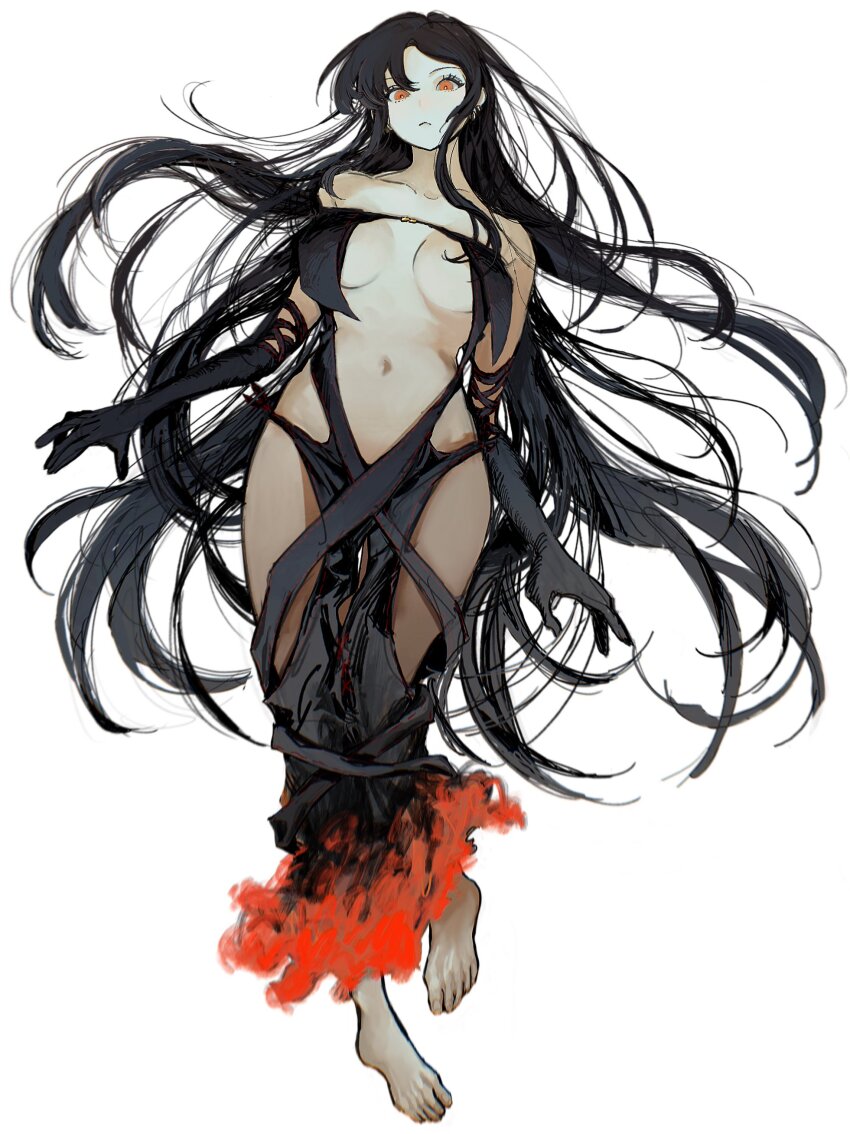 1girl, absurdres, bare_shoulders, barefoot, black_dress, black_gloves, breasts, brown_hair