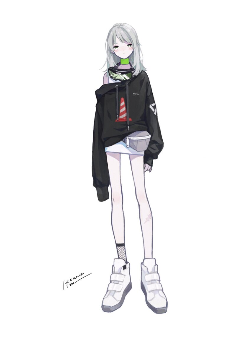 1girl, arms_at_sides, black_hoodie, closed_mouth, collar, commentary_request, drawstring, dress