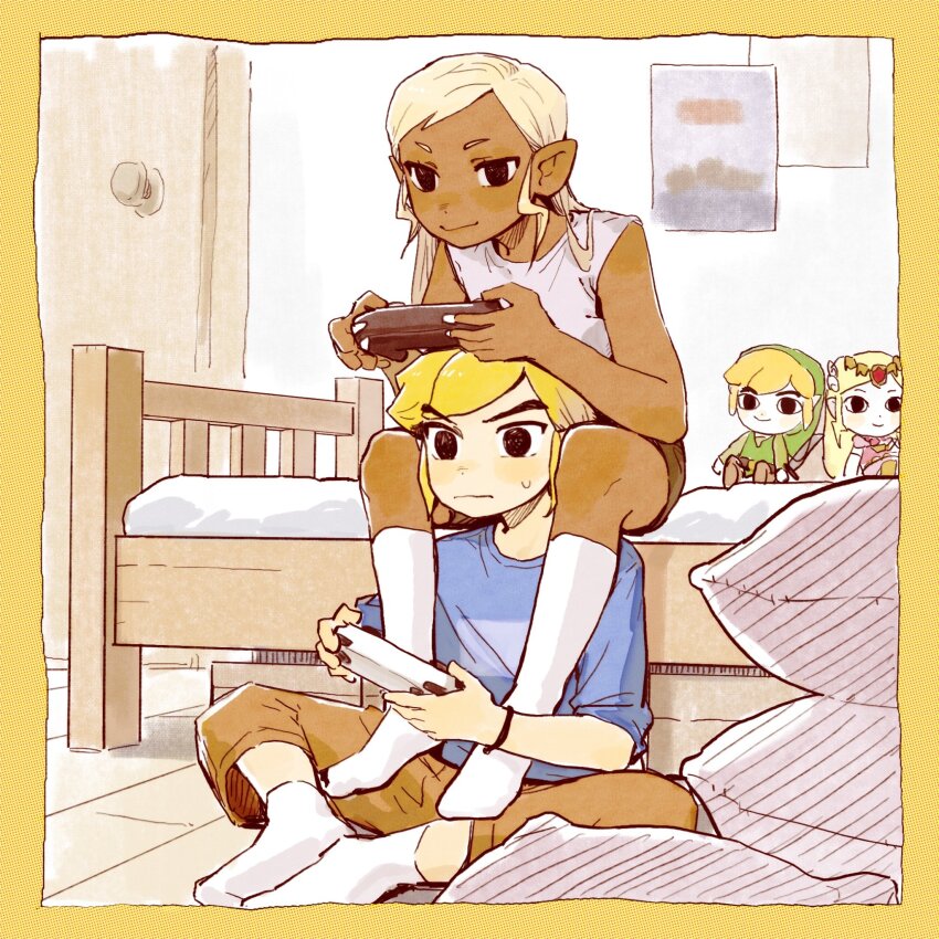 1boy, 1girl, alternate_costume, bare_arms, bed, blonde_hair, blush, border, brown_pants, butterfly_sitting, casual, character_doll, closed_mouth, contemporary, controller, dark-skinned_female, dark_skin, doll, game_controller, head_between_thighs, highres, holding, holding_controller, holding_game_controller, indoors, knees_apart_feet_together, leaning_forward, link, long_hair, nintendo, on_bed, on_floor, pants, pillow, playing_games, playing_video_games, pointy_ears, princess_zelda, senzo6700, shirt, shorts, sitting, sleeveless, sleeveless_shirt, smile, socks, tetra, the_legend_of_zelda, the_legend_of_zelda:_the_wind_waker, toon_link, white_socks, yellow_border