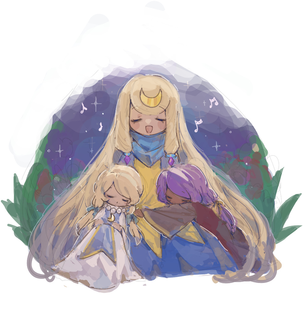 3girls, black_robe, blonde_hair, blue_robe, blue_scarf, blush, celestia_(fantasy_life), closed_eyes, crescent, crescent_hair_ornament, dark_skin, fantasy_life, hair_ornament, jewelry, lullaby, mother_and_child, mother_and_daughter, multiple_girls, music, musical_note, necklace, night, noelia_(fantasy_life), parent_and_child, parted_lips, plant, poorlydrawnfantasylife, purple_hair, robe, scarf, siblings, singing, sisters, sleeping, sleeping_on_person, spoken_musical_note, star_(sky), twins, white_robe, yuelia_(fantasy_life)