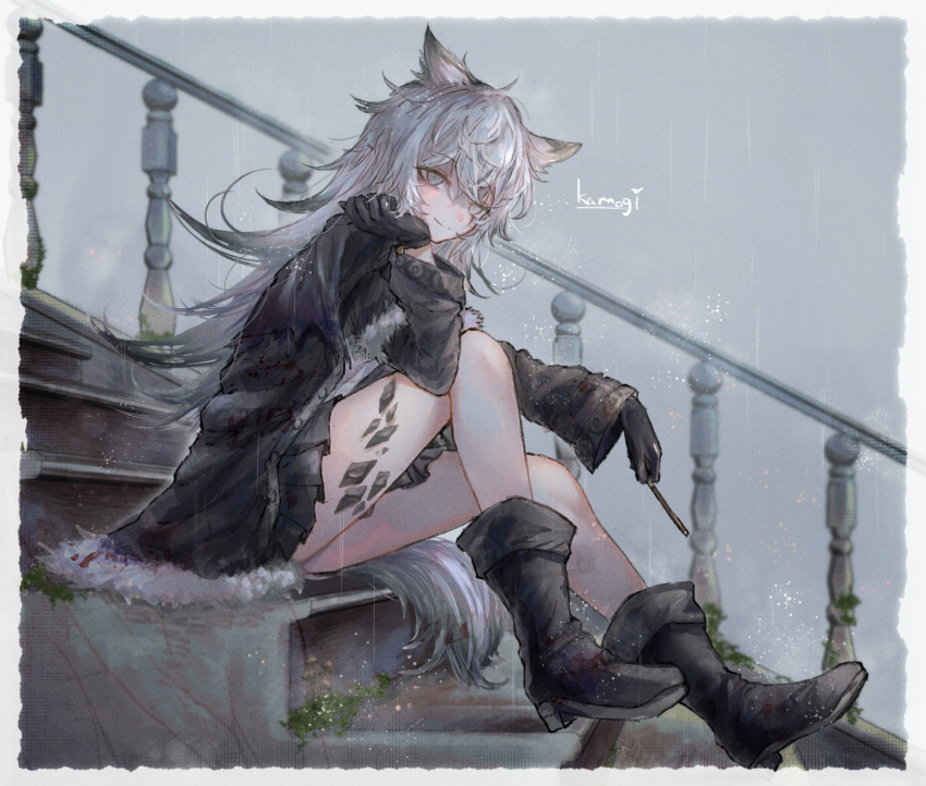 1girl, animal_ears, arknights, black_boots, black_gloves, black_jacket, blush, boots