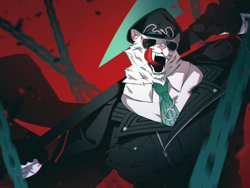 1boy, absurdres, animal_ears, bara, black_coat, black_gloves, black_headwear, chain