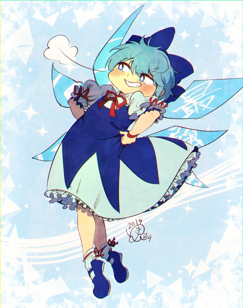 1girl, blue_dress, blue_eyes, blue_hair, blue_ribbon, blue_shoes, bright_pupils, cirno