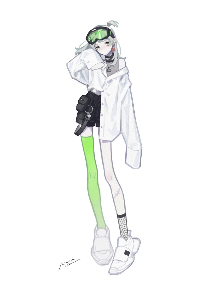 1girl, asymmetrical_legwear, belt_pouch, black_shorts, blush, broken_eyewear, character_name, commentary_request