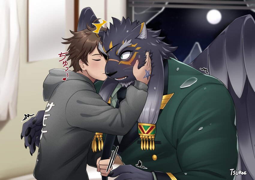 2boys, absurdres, animal_ears, artist_name, bara, bedroom, blush, broken_glass