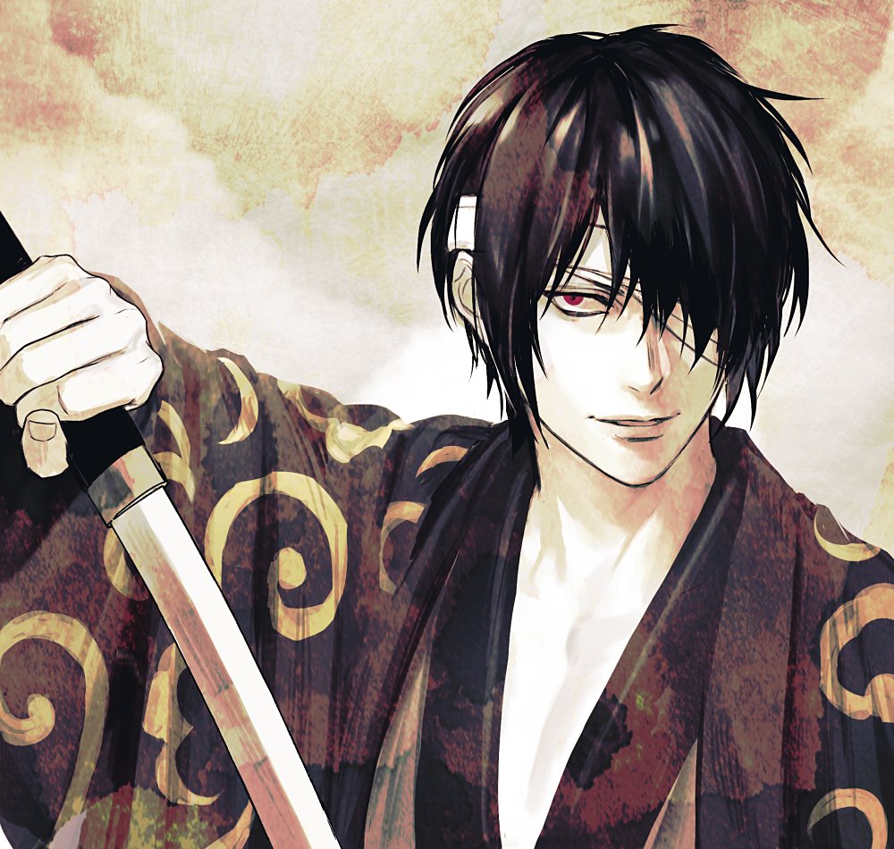 1boy, bandage_over_one_eye, cma_cmakuma, commentary_request, gintama, holding, holding_sword, holding_weapon