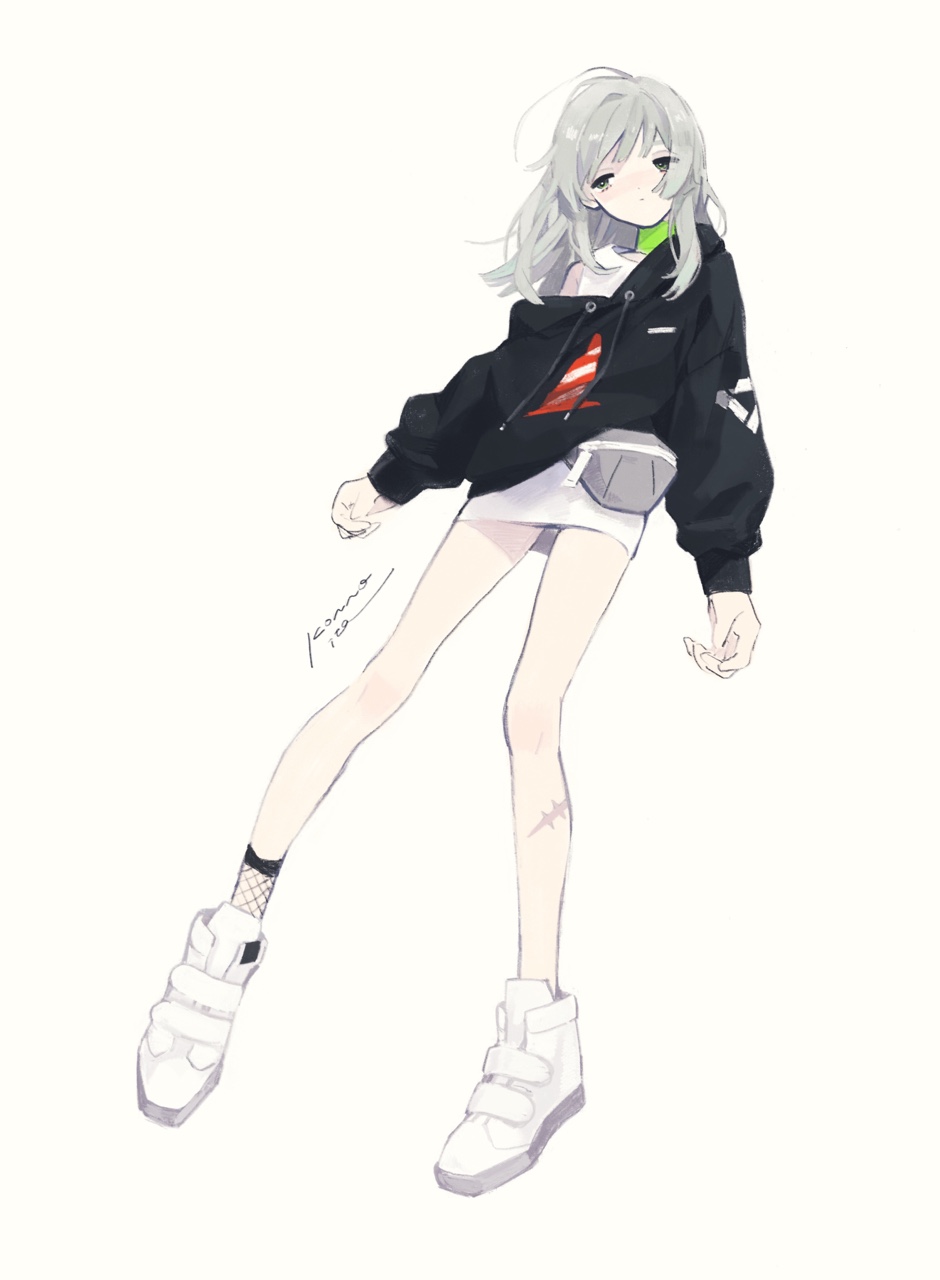 1girl, arms_at_sides, black_hoodie, closed_mouth, collar, commentary_request, dot_mouth, drawstring, dress, expressionless, fanny_pack, fishnet_socks, fishnets, floating_hair, full_body, fuyuu_rei, green_collar, green_eyes, grey_hair, half-closed_eyes, highres, hood, hood_down, hoodie, konnoita, long_hair, long_legs, long_sleeves, looking_to_the_side, print_hoodie, scar, scar_on_leg, shoes, short_dress, signature, simple_background, single_sock, sneakers, socks, solo, traffic_cone, utau, white_background, white_dress, white_shoes