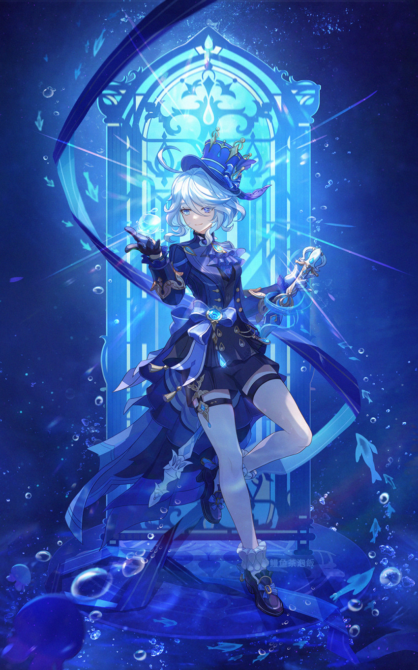 1girl, ahoge, ascot, asymmetrical_gloves, black_gloves, black_shoes, black_shorts, blue_ascot