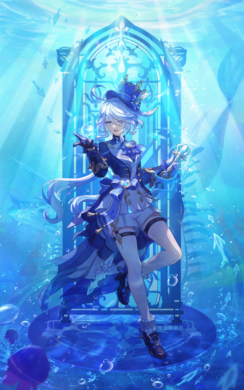 1girl, :d, ahoge, ascot, asymmetrical_gloves, black_gloves, black_shoes, blue_ascot