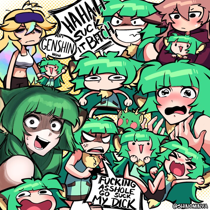 3girls, ahoge, anger_vein, angry, animal_ears, antlers, arai_shinomiya, arielle_(vtuber), bags_under_eyes, blonde_hair, blunt_bangs, blush, breasts, chibi, commentary, crying, crying_with_eyes_open, deer_ears, english_commentary, english_text, green_hair, haruka_karibu, haruka_karibu_(1st_costume), highres, horns, indie_virtual_youtuber, large_breasts, long_hair, multiple_girls, multiple_views, navel, open_mouth, profanity, reindeer_antlers, reindeer_girl, shinomiya_arts, sleepy, speech_bubble, sweatdrop, tears, teeth, tongue, twitter_username, virtual_youtuber, vshojo, waking_up