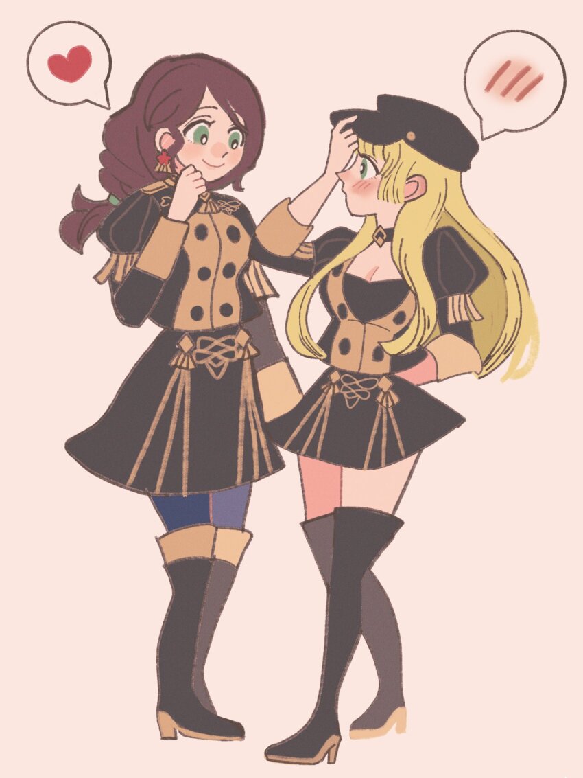2girls, alternate_costume, alternate_hairstyle, blonde_hair, blush, boots, braid, brown_hair