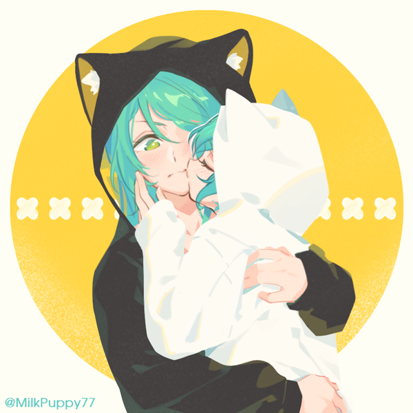 2girls, animal_ear_hood, animal_ears, aqua_hair, bang_dream!, bang_dream!_girls_band_party!, black_hoodie, closed_eyes, fake_animal_ears, green_eyes, hand_on_another's_face, hikawa_hina, hikawa_sayo, hood, hoodie, hug, incest, kiss, long_hair, looking_at_another, medium_hair, milk_puppy, multiple_girls, siblings, sisters, twincest, twins, twitter_username, white_hoodie, yellow_background, yuri, yuria