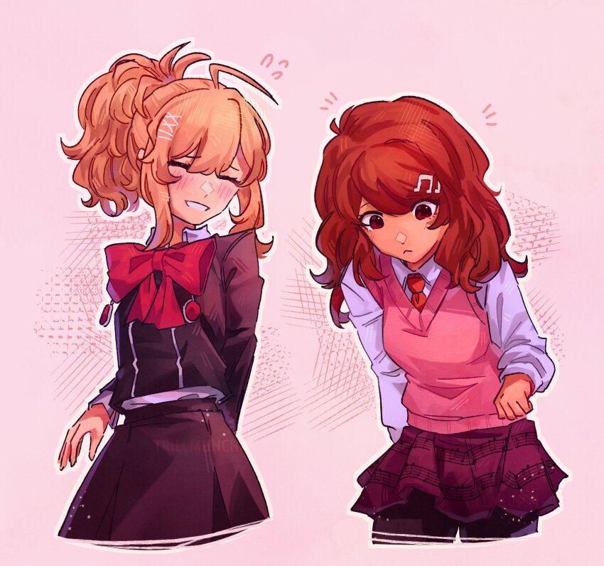2girls, ahoge, akamatsu_kaede, akamatsu_kaede_(cosplay), black_pantyhose, blonde_hair, blush, bow, bowtie, breasts, character_request, closed_eyes, cosplay, cropped_torso, flying_sweatdrops, fortissimo, frown, grey_shirt, grin, hair_ornament, hairclip, highres, long_hair, long_sleeves, medium_breasts, miniskirt, multiple_girls, musical_note, musical_note_hair_ornament, musical_note_print, pantyhose, persona, persona_3, persona_3_portable, pink_sweater, pink_sweater_vest, ponytail, red_bow, red_bowtie, red_skirt, shiomi_kotone, shiomi_kotone_(cosplay), shirt, skirt, smile, sweater, sweater_vest, teeth, trill_(trillmunch), x_hair_ornament