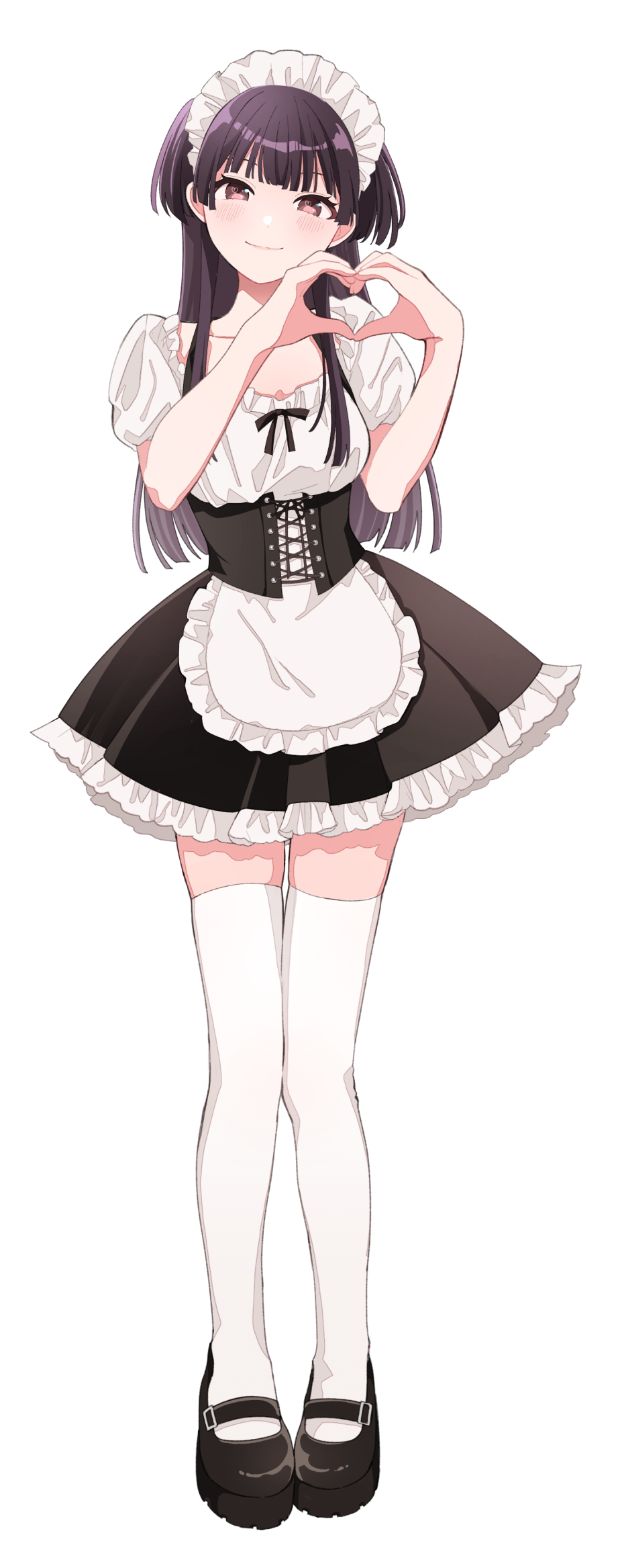 19_okeke, 1girl, alternate_costume, apron, black_footwear, black_hair, black_skirt, blush