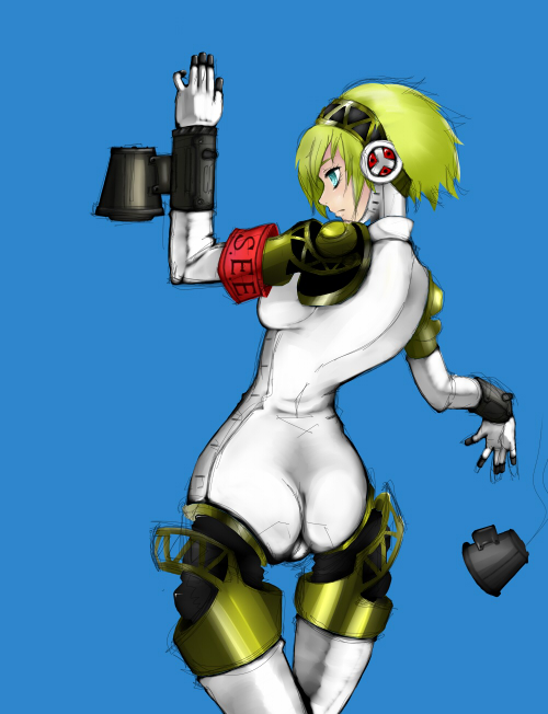 aigis_(persona), android, ass, atlus, blonde_hair, blue_eyes, breasts, from_behind, gun, kenoko, persona, persona_3, solo, thigh_gap, thighs, weapon