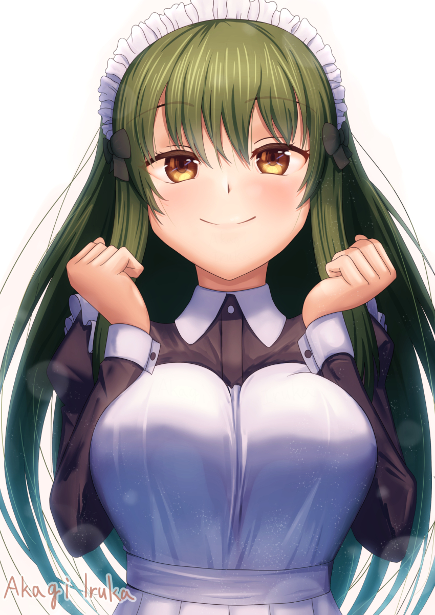 1girl, akagi_iruka, apron, artist_name, beret, breasts, brown_eyes, clenched_hands