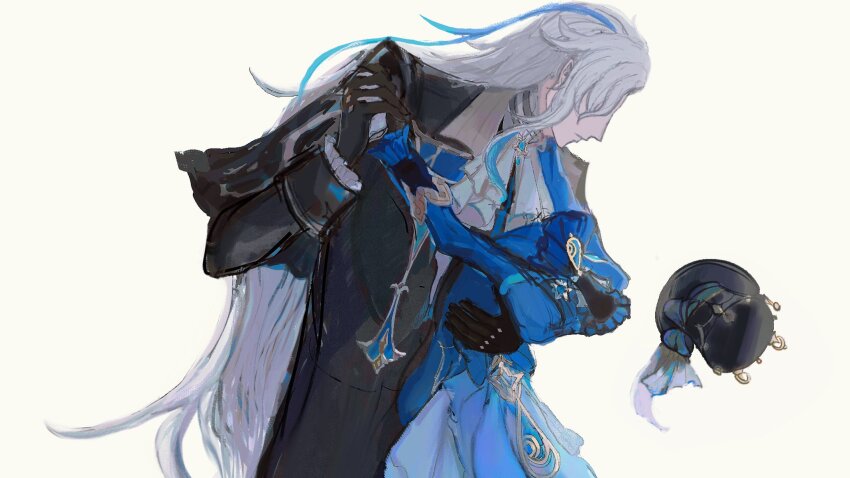 1boy, 1girl, 303owo303, ascot, black_coat, black_gloves, black_headwear, blue_ascot