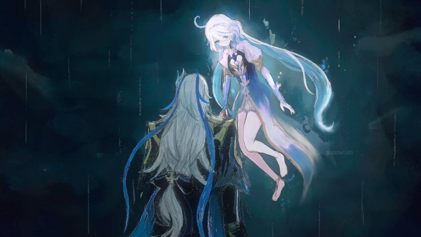 1boy, 1girl, 303owo303, ahoge, antennae, barefoot, black_coat, black_gloves