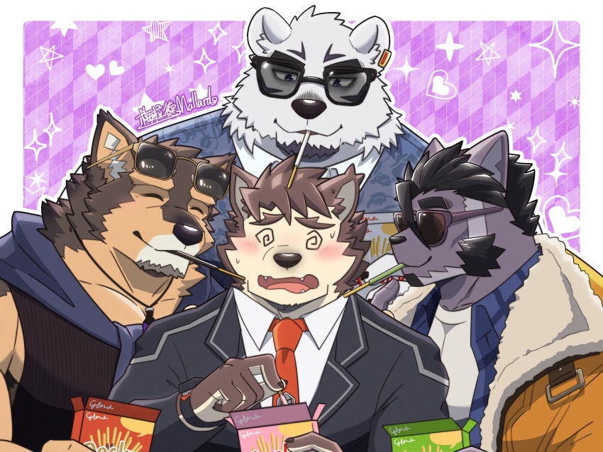 4boys, @_@, animal_ears, bara, bear_boy, bear_ears, black_fur, black_jacket, black_tank_top, blue_shirt, blue_vest, borealis_(live_a_hero), brown_fur, cat_boy, cat_ears, closed_eyes, dog_boy, dog_ears, earrings, eyewear_on_head, facial_hair, food, forked_eyebrows, furry, furry_male, goatee, highres, jacket, jacket_around_neck, jewelry, live_a_hero, male_focus, male_protagonist_(live_a_hero), mallards, multiple_boys, mutton_chops, necktie, open_clothes, open_jacket, open_shirt, orange_jacket, pendant, pink_background, plaid_background, pocky, pocky_day, pubraseer_(live_a_hero), purple_fur, red_necktie, shirt, single_earring, sunglasses, tank_top, thick_eyebrows, tsuneaki_(live_a_hero), undershirt, vest, white_fur, white_shirt