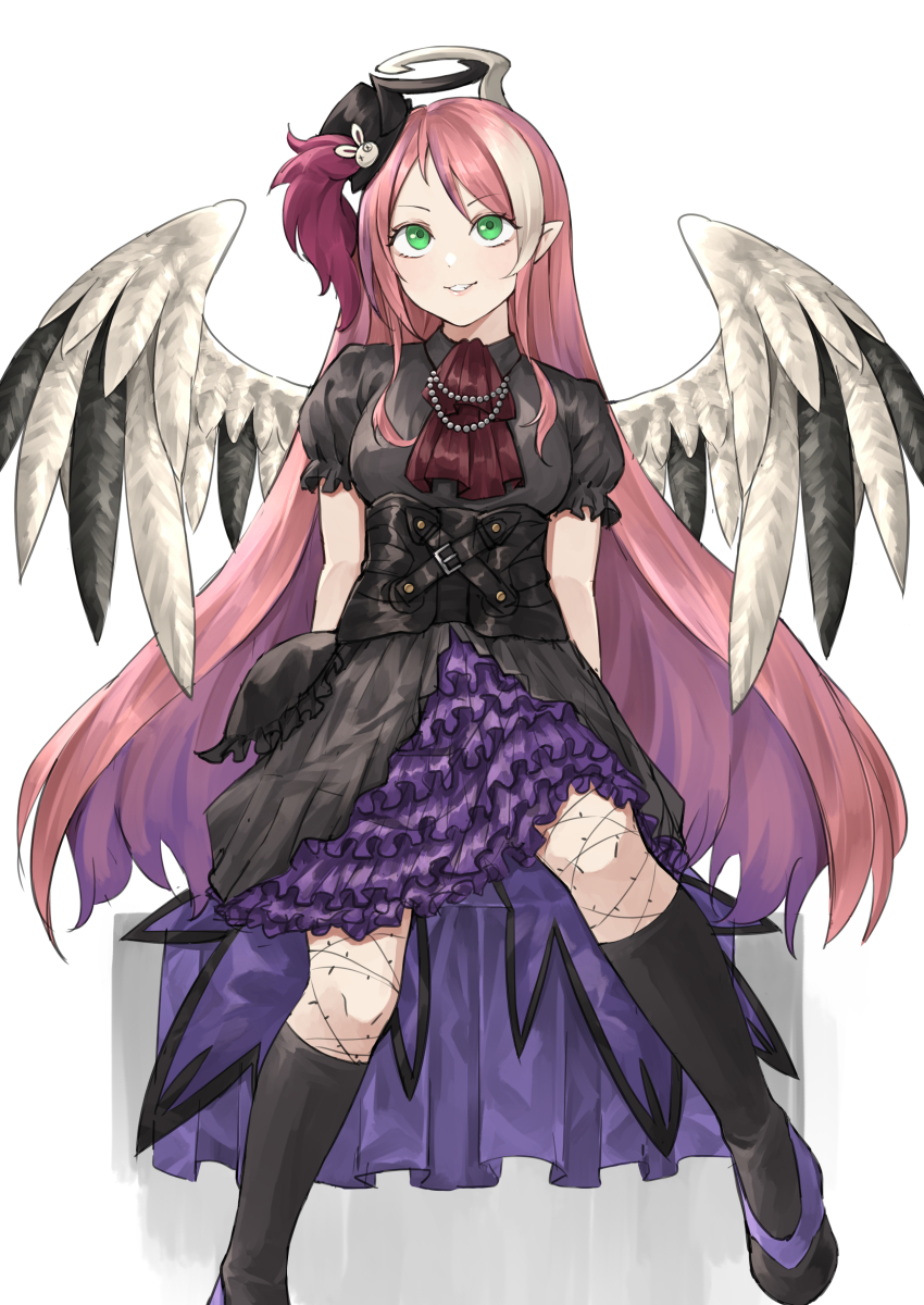 1girl, absurdres, angel_wings, ascot, dress, duel_monster, feathered_wings, frilled_skirt