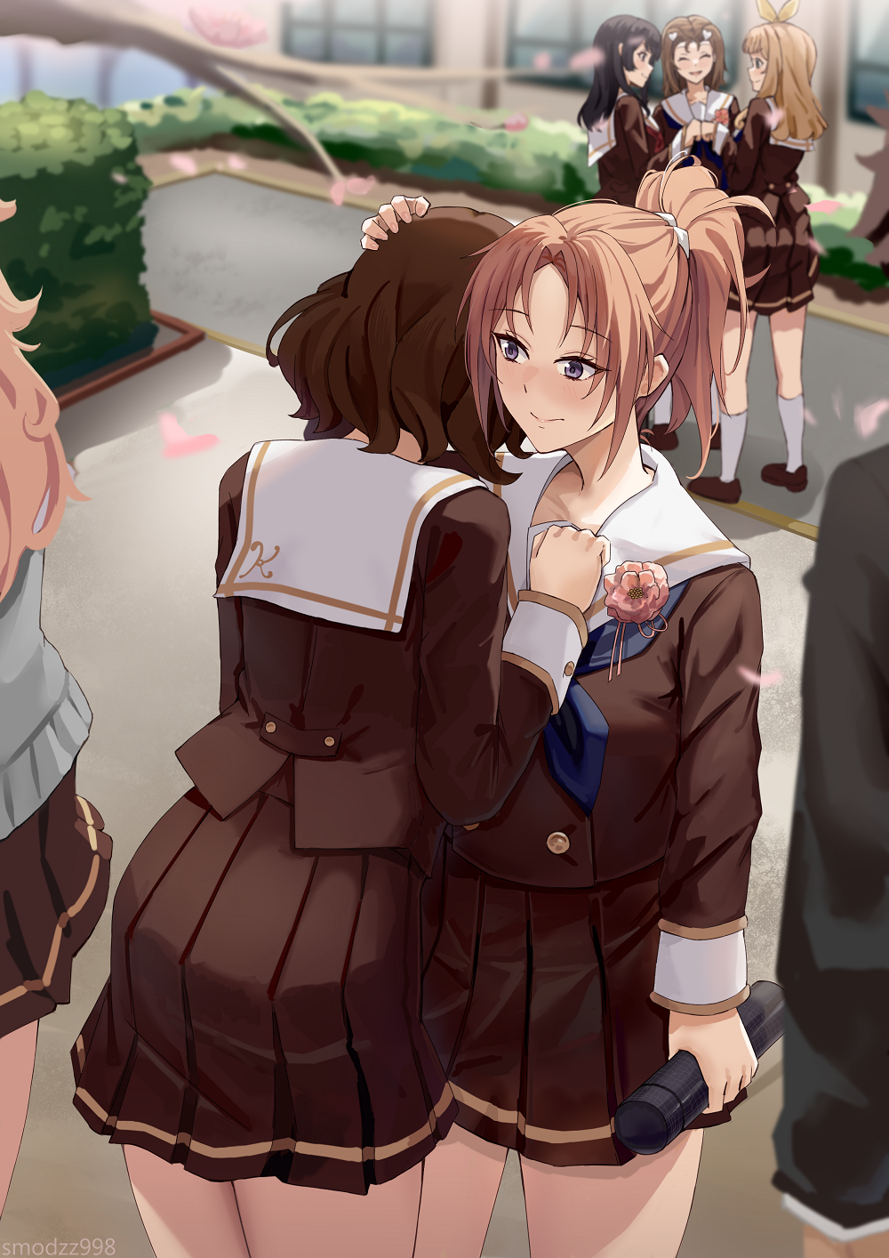 1boy, 6+girls, blonde_hair, blue_neckerchief, brown_footwear, brown_hair, brown_serafuku, brown_shirt, brown_skirt, cherry_blossoms, clenched_hand, closed_mouth, falling_petals, fist_bump, flower, graduation, grey_eyes, hand_on_another's_chest, headpat, hibike!_euphonium, high_ponytail, highres, kabe_tomoe, kenzaki_ririka, kitauji_high_school_uniform, kousaka_reina, loafers, long_hair, medium_hair, miniskirt, multiple_girls, nakagawa_natsuki, neckerchief, oumae_kumiko, outdoors, petals, pleated_skirt, ponytail, sailor_collar, school_uniform, serafuku, shirt, shoes, skirt, smodzz998, standing, thighhighs, tube, white_sailor_collar, white_thighhighs, yoshikawa_yuuko