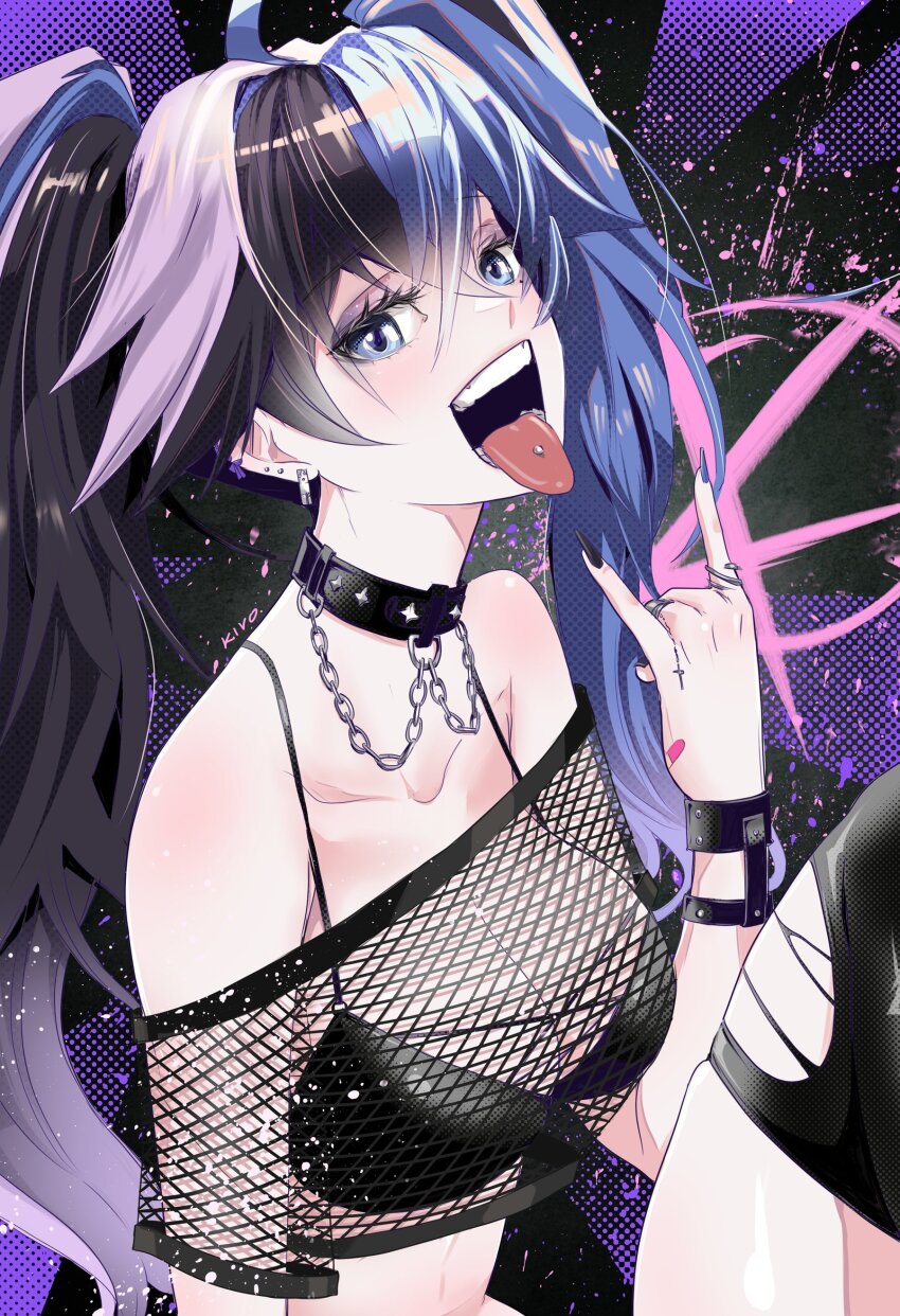 1girl, absurdres, ahoge, artist_name, bikini, black_hair, blue_hair, breasts, collar, collarbone, crop_top, ear_piercing, earrings, fishnet_crop_top, fishnet_top, fishnets, hair_between_eyes, highres, jewelry, kivo, kson, kson_(goth), long_tongue, looking_at_viewer, medium_breasts, mole, mole_under_eye, off_shoulder, off_shoulder_crop_top, open_mouth, piercing, ring, short_sleeves, solo, swimsuit, teeth, thighhighs, tongue, tongue_out, tongue_piercing, torn_clothes, twintails, virtual_youtuber, vshojo, watermark