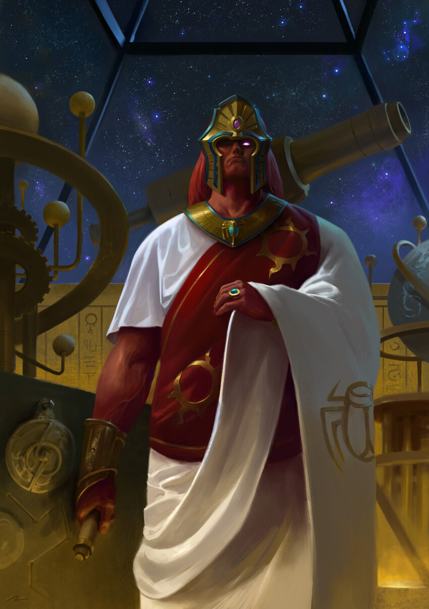 1boy, absurdres, beetle, bug, cleft_chin, colored_skin, commentary, english_commentary, frown, gears, glass_ceiling, globe, glowing, glowing_eyes, gold, gold_trim, helmet, highres, holding, holding_scroll, insect, jewelry, long_hair, magnus_the_red, male_focus, missing_eye, model_planet, muscular, muscular_male, observatory, official_art, oruam, photoshop_(medium), primarch, purple_eyes, red_hair, red_skin, ring, robe, scroll, solid_eyes, solo, space, star_(sky), straight-on, telescope, thousand_sons, vambraces, veins, warhammer_40k, white_robe, window