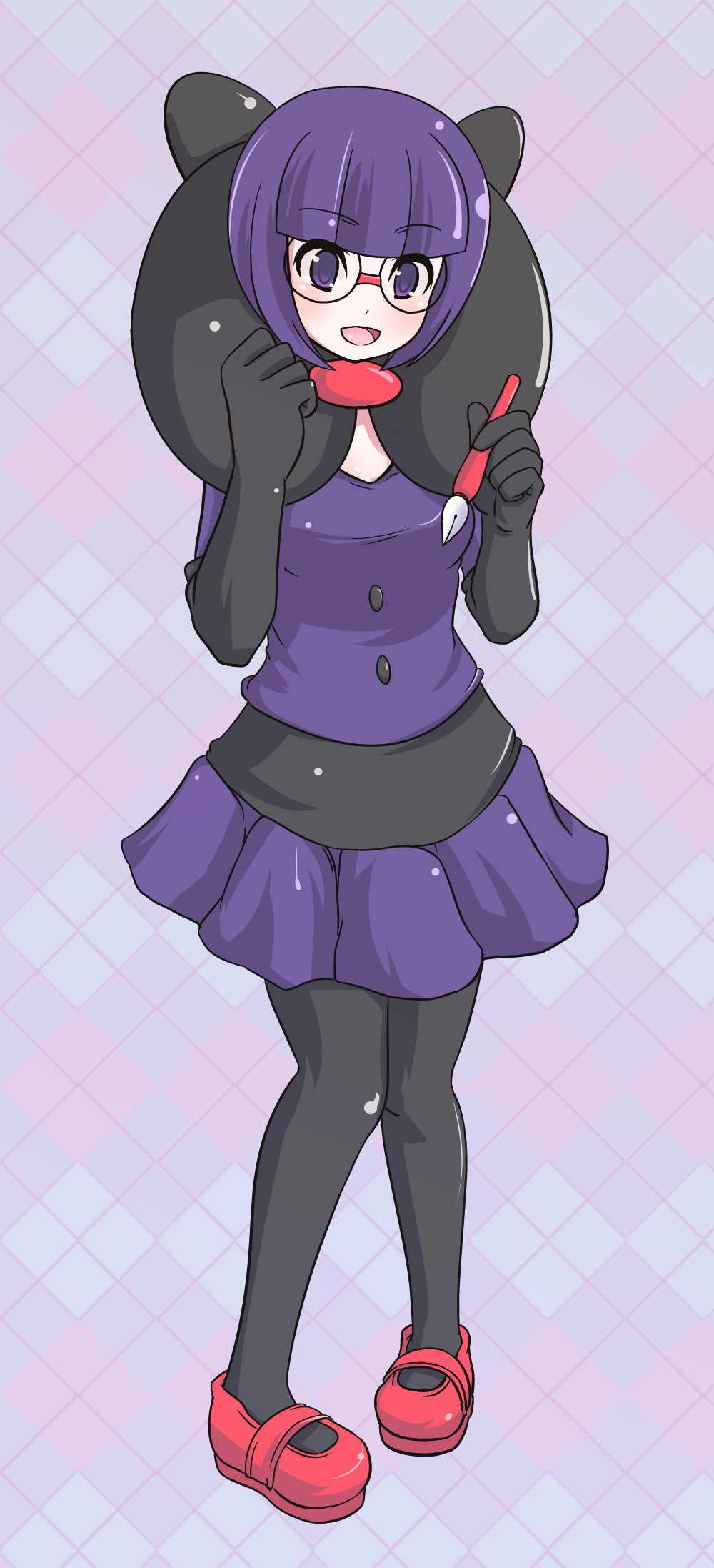 10s, 1girl, a.kokonoka, bad_id, bad_pixiv_id, black_pantyhose, elite_four, female_focus, glasses, gloves, highres, long_image, matching_hair/eyes, nintendo, open_mouth, pantyhose, pen, pigeon-toed, pokemon, pokemon_black_and_white, purple_eyes, purple_hair, purple_skirt, shauntal_(pokemon), short_hair, skirt, solo, tall_image, tongue