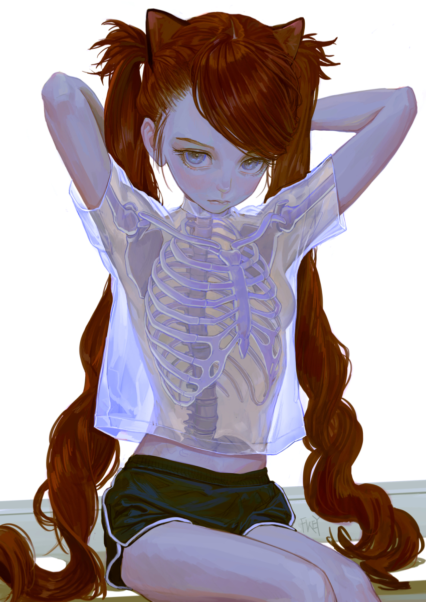 1girl, animal_ears, arms_behind_head, arms_up, artist_name, black_shorts, blue_eyes, breasts, brown_hair, cat_ears, closed_mouth, collarbone, cowboy_shot, dolphin_shorts, expressionless, feifei_(fkey), female_focus, fkey, head_down, highres, legs_together, lips, long_hair, looking_at_viewer, midriff_peek, nose, original, ribcage, see-through_clothes, see-through_shirt, shirt, short_shorts, short_sleeves, shorts, simple_background, sitting, skeleton, skeleton_print, small_breasts, solo, spine, swept_bangs, tsurime, twintails, very_long_hair, white_background, white_shirt