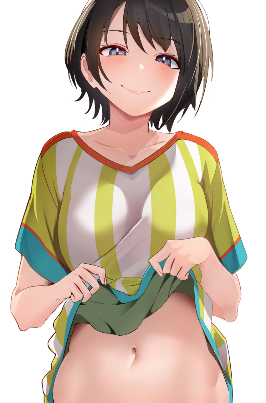 1girl, blue_eyes, breasts, brown_hair, clothes_lift, collarbone, commentary_request, hego_0102