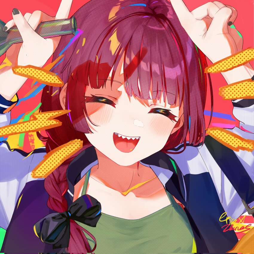 1girl, black_bow, black_jacket, black_nails, blunt_bangs, bocchi_the_rock!, bottle, bow