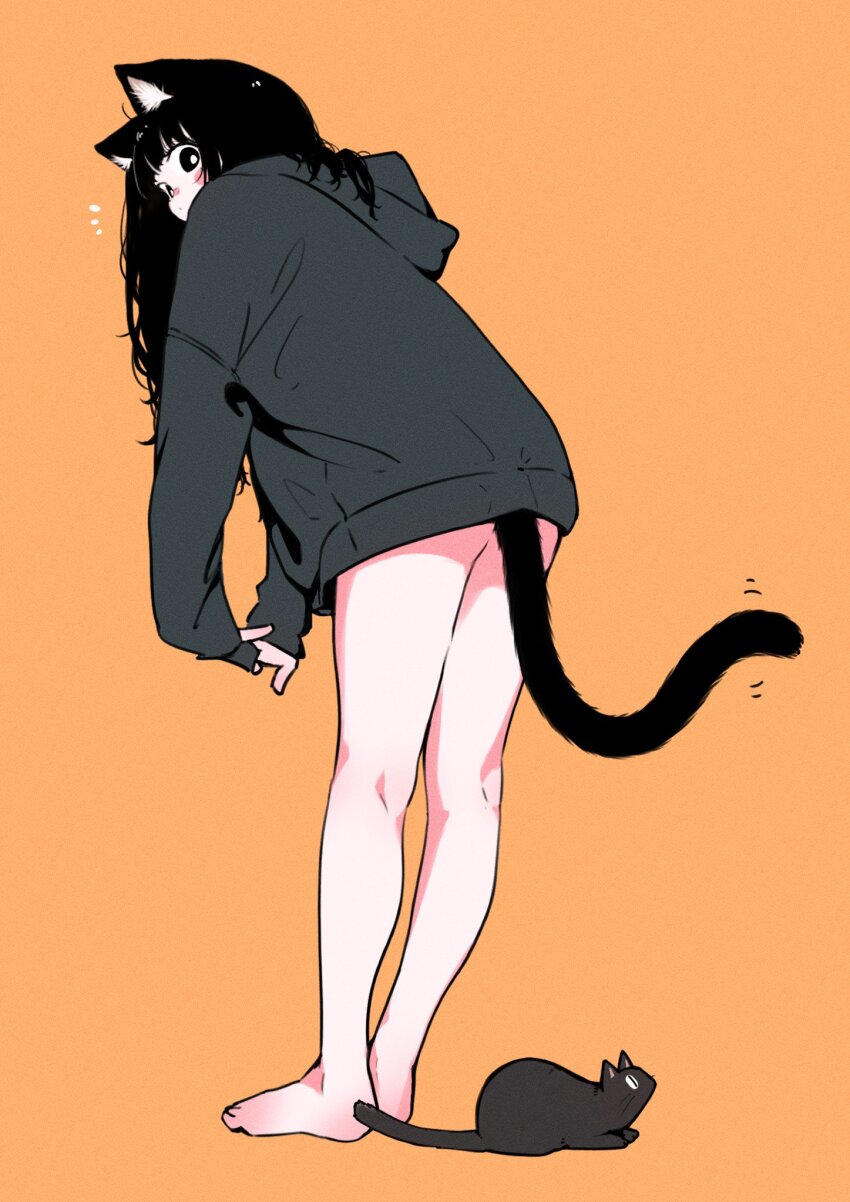 1girl, animal_ear_fluff, animal_ears, bare_legs, barefoot, bent_over, black_cat, black_eyes