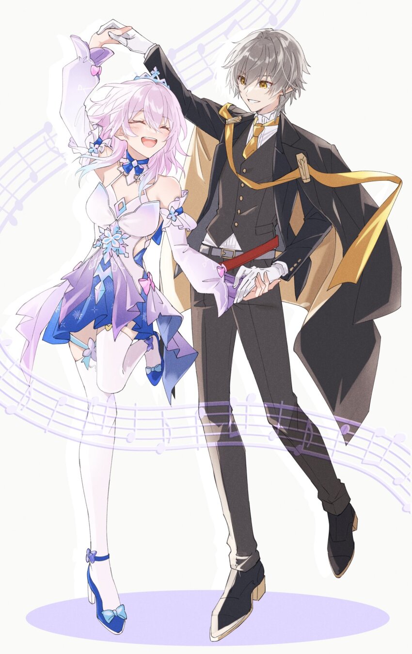 1boy, 1girl, :d, alternate_costume, bare_shoulders, black_footwear, blue_footwear, caelus_(honkai:_star_rail)