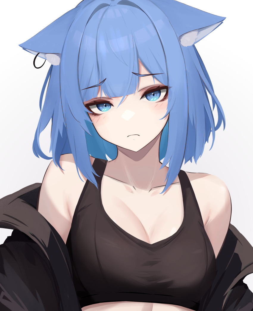 1girl, absurdres, animal_ears, bare_shoulders, black_jacket, blue_eyes, blue_hair, cat_ears