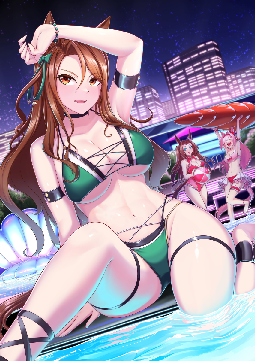 3girls, absurdres, animal_ears, arm_up, armband, armpits, arms_up, ball, bare_shoulders, beachball, bikini, black_choker, bow, breasts, brown_hair, choker, cleavage, commentary_request, green_bikini, green_bow, hair_bow, haru_urara_(umamusume), highres, horse_ears, kawakami_princess_(umamusume), king_halo_(umamusume), large_breasts, multiple_girls, navel, night, one-piece_swimsuit, outdoors, pink_bikini, pink_hair, red_one-piece_swimsuit, same_kujira_(challenger_310), sitting, sky, stomach, swimsuit, thighs, umamusume, water