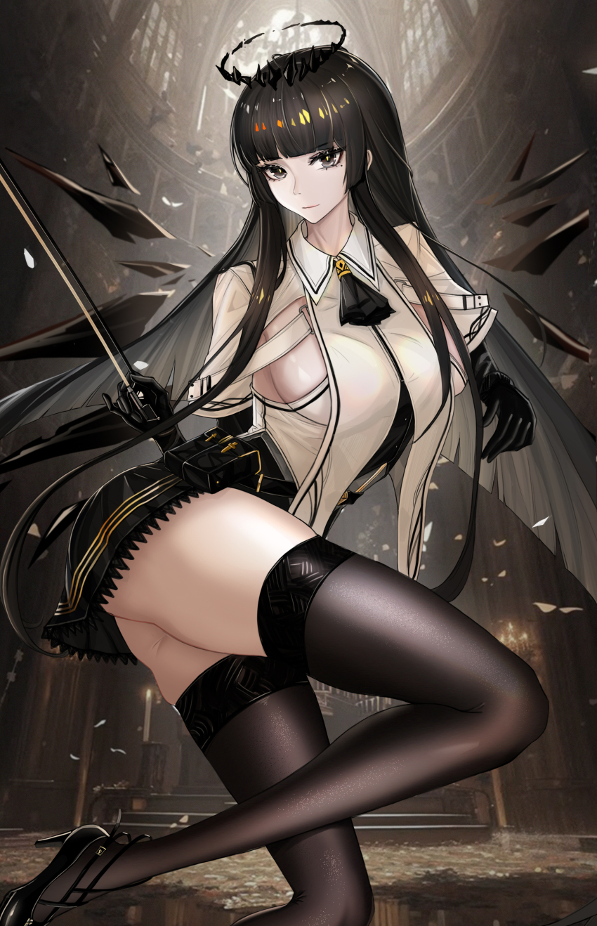 1girl, absurdres, ahoge, architecture, arknights, ascot, balancing, belt