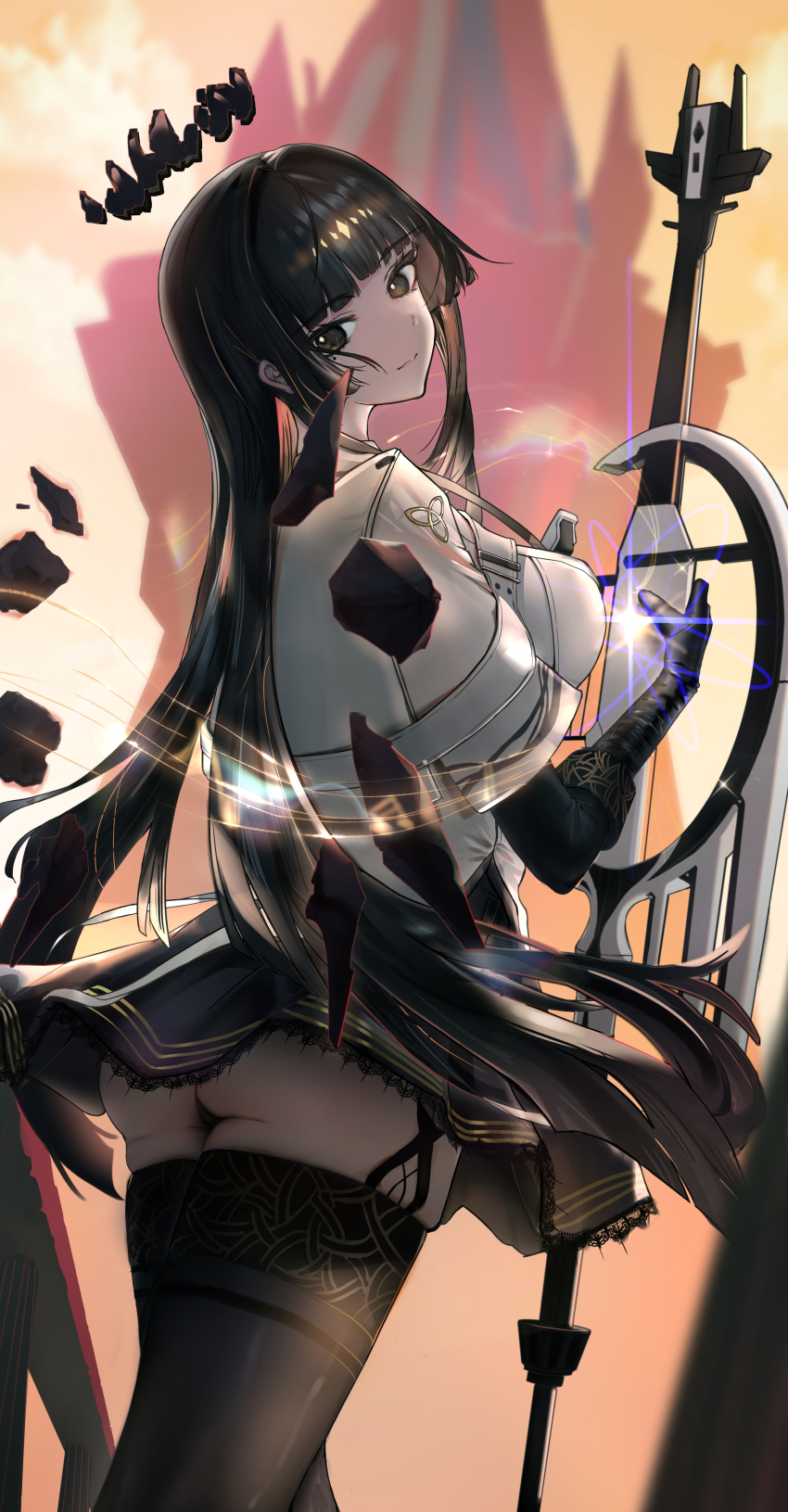 1girl, absurdres, arknights, ass, black_eyes, black_hair, black_skirt, black_thighhighs, blunt_bangs, commentary_request, cowboy_shot, head_tilt, highres, koishi_(hibananana), long_hair, looking_at_viewer, miniskirt, shirt, skirt, smile, solo, standing, thighhighs, very_long_hair, virtuosa_(arknights), white_shirt