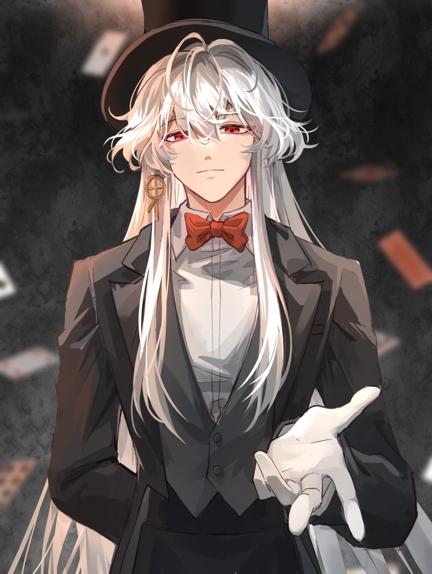 1boy, absurdres, azou324687, bishounen, bow, bowtie, colored_skin, earrings, formal_clothes, highres, jewelry, long_hair, looking_at_viewer, male_focus, offering_hand, pale_skin, pink_eyes, reaching, reaching_towards_viewer, red_bow, red_bowtie, smile, solo, suit, thriller_trainee, very_long_hair, white_hair, white_skin, zong_jiu