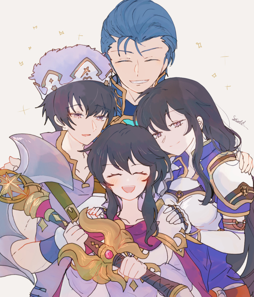 2boys, 2girls, armor, axe, ayra_(fire_emblem), black_hair, blue_hair, breastplate