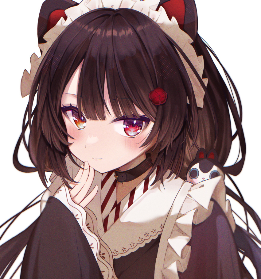 1girl, animal_ears, apron, black_collar, black_hair, black_kimono, blush, closed_mouth