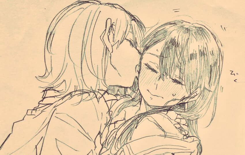 2girls, biting, blush, closed_eyes, closed_mouth, commentary, biting_ear, graphite_(medium)